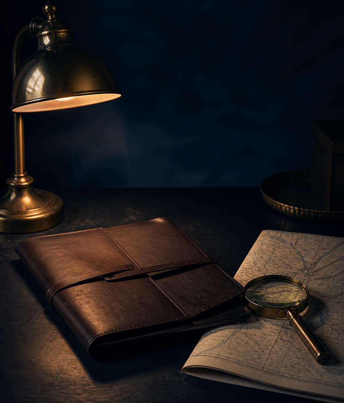 Investigator's desk with case folder, map and magnifier under lamplight